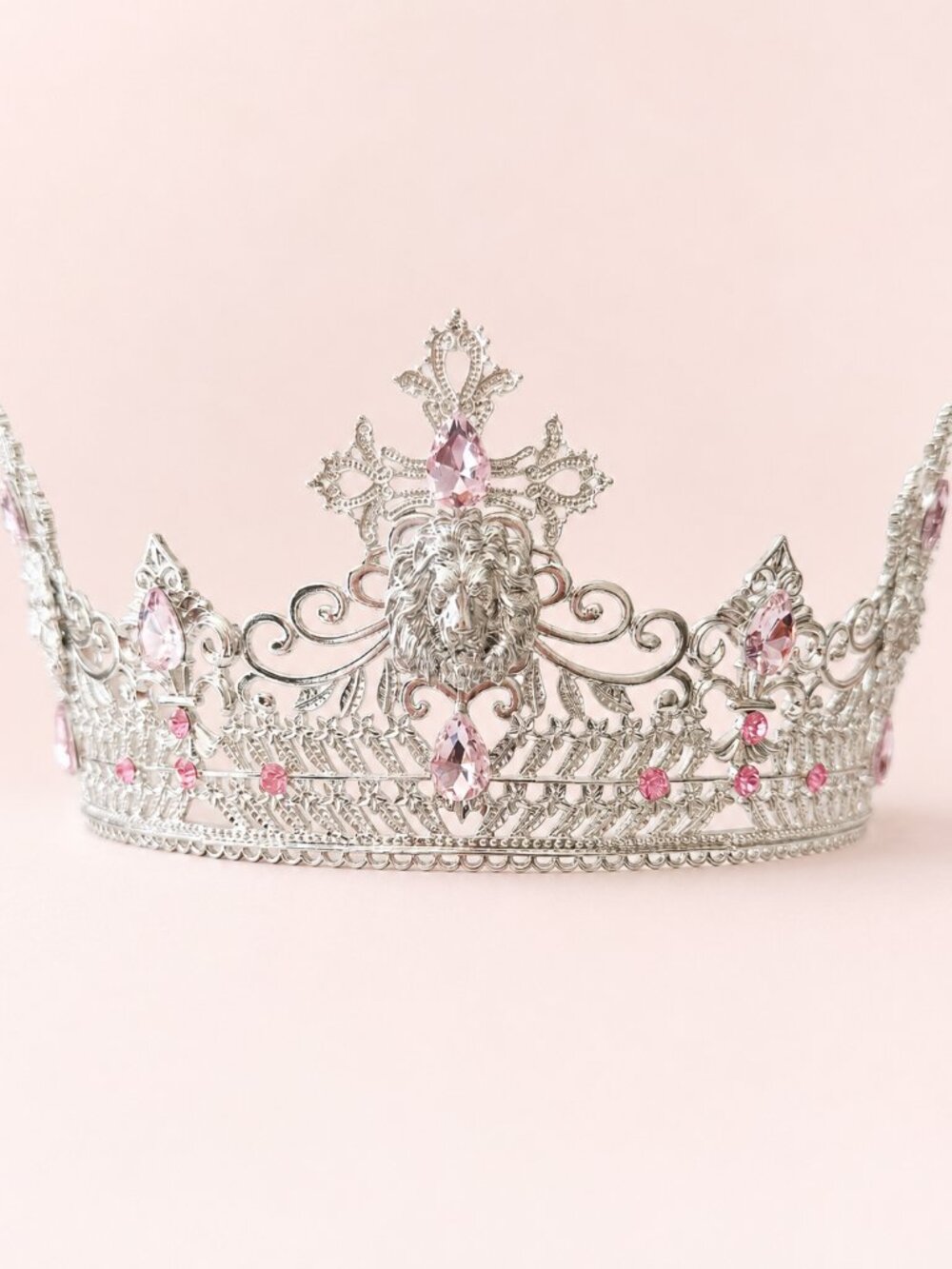 Silver Lion King Crown Pink Crystal Medieval Renaissance Royal Cosplay Tiara
